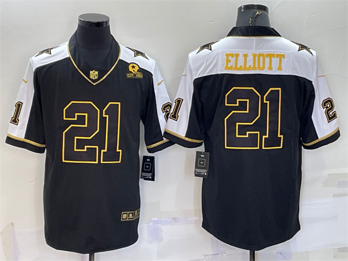 Men's Dallas Cowboys #21 Ezekiel Elliott Black Gold Thanksgiving With Patch Stitched Jersey Men's Dallas Cowboys #21 Ezekiel Elliott Black Gold Thanksgiving With Patch Stitched Jersey
