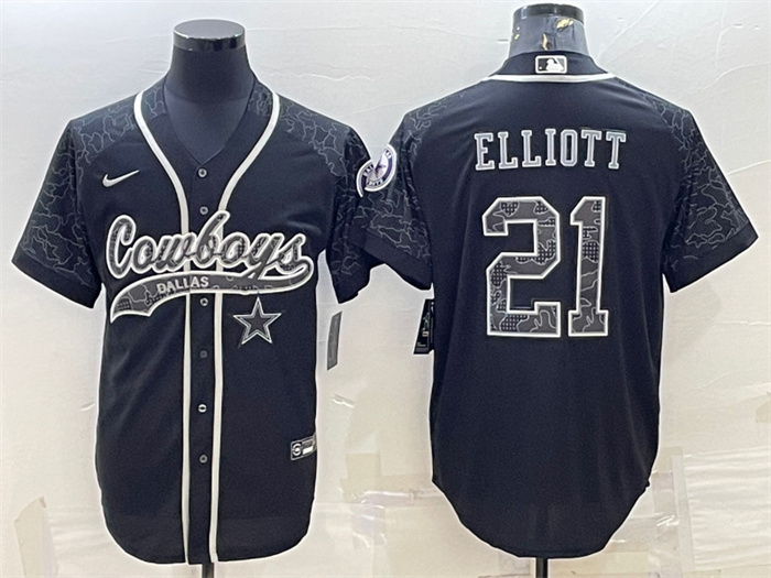 Men's Dallas Cowboys #21 Ezekiel Elliott Black Reflective With Patch Cool Base Stitched Baseball Jersey Men's Dallas Cowboys #21 Ezekiel Elliott Black Reflective With Patch Cool Base Stitched Baseball Jersey