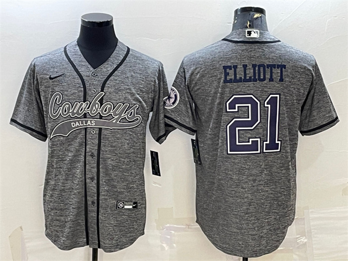 Men's Dallas Cowboys #21 Ezekiel Elliott Grey With Patch Cool Base Stitched Baseball JerseyS Men's Dallas Cowboys #21 Ezekiel Elliott Grey With Patch Cool Base Stitched Baseball JerseyS