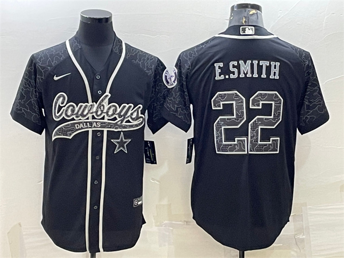 Men's Dallas Cowboys #22 Emmitt Smith Black Reflective With Patch Cool Base Stitched Baseball Jersey Men's Dallas Cowboys #22 Emmitt Smith Black Reflective With Patch Cool Base Stitched Baseball Jersey
