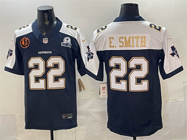 Men's Dallas Cowboys #22 Emmitt Smith Navy F.U.S.E. With John Madden Patch & Established In 1960 Patch Thanksgiving Vapor Limited Stitched Football Jersey