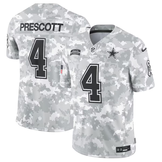 Men's Dallas Cowboys #4 Dak Prescott 2024 Arctic Camo Salute To Service Limited Stitched Football Jersey Men's Dallas Cowboys #4 Dak Prescott 2024 Arctic Camo Salute To Service Limited Stitched Football Jersey