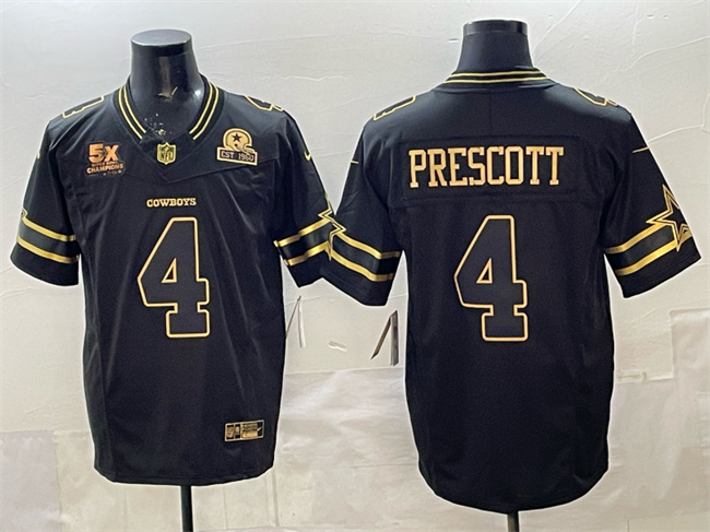 Men's Dallas Cowboys #4 Dak Prescott Black Gold 2025 F.U.S.E. With 5x Super Bowl Champions & Established In 1960 Patch Vapor Limited Stitched Football Jersey