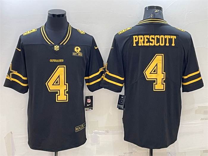Men's Dallas Cowboys #4 Dak Prescott Black Gold Edition With 1960 Patch Limited Stitched Football Jersey Men's Dallas Cowboys #4 Dak Prescott Black Gold Edition With 1960 Patch Limited Stitched Football Jersey
