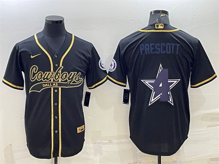 Men's Dallas Cowboys #4 Dak Prescott Black Gold Team Big Logo With Patch Cool Base Stitched Baseball Jersey Men's Dallas Cowboys #4 Dak Prescott Black Gold Team Big Logo With Patch Cool Base Stitched Baseball Jersey
