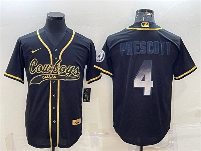 Men's Dallas Cowboys #4 Dak Prescott Black Gold With Patch Cool Base Stitched Baseball Jersey Men's Dallas Cowboys #4 Dak Prescott Black Gold With Patch Cool Base Stitched Baseball Jersey