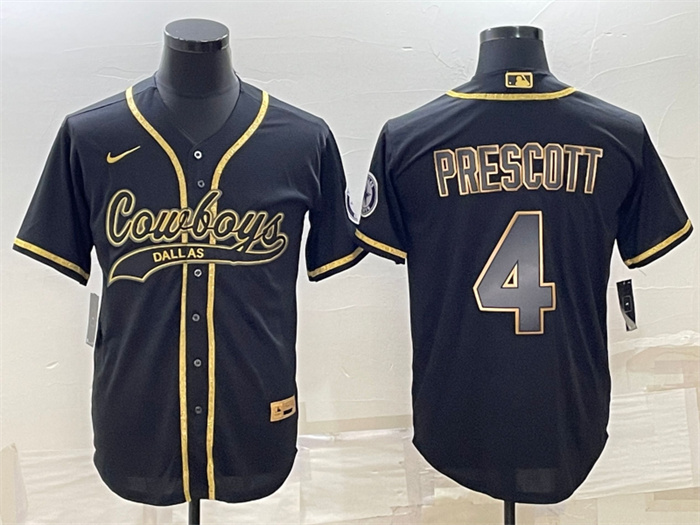 Men's Dallas Cowboys #4 Dak Prescott Black Gold With Patch Cool Base Stitched Baseball Jersey Men's Dallas Cowboys #4 Dak Prescott Black Gold With Patch Cool Base Stitched Baseball Jersey