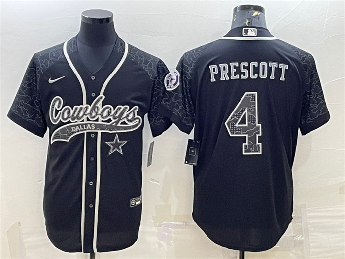 Men's Dallas Cowboys #4 Dak Prescott Black Reflective With Patch Cool Base Stitched Baseball Jersey Men's Dallas Cowboys #4 Dak Prescott Black Reflective With Patch Cool Base Stitched Baseball Jersey