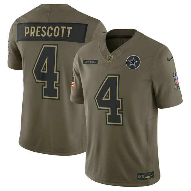 Men's Dallas Cowboys #4 Dak Prescott Olive 2025 Salute to Service Limited Stitched Football Jersey
