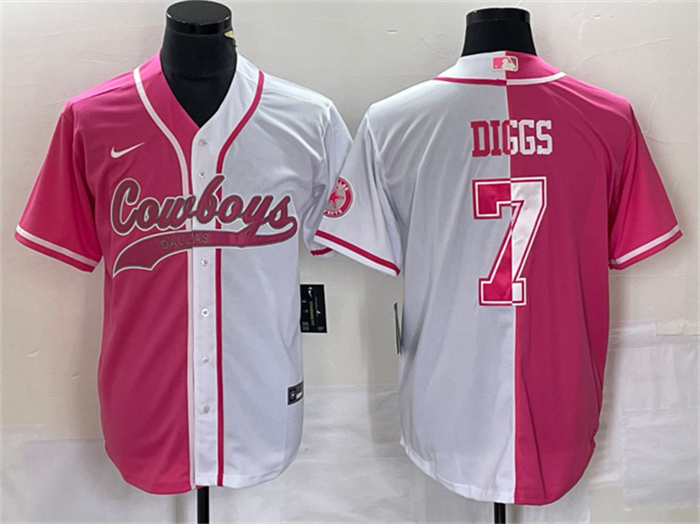 Men's Dallas Cowboys #7 Trevon Diggs Pink White Split Cool Base Stitched Baseball Jersey Men's Dallas Cowboys #7 Trevon Diggs Pink White Split Cool Base Stitched Baseball Jersey