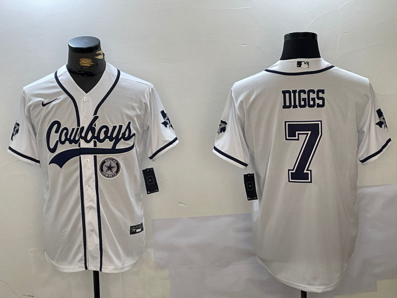 Men's Dallas Cowboys #7 Trevon Diggs White With Patch Cool Base Stitched Baseball Jersey 2 Men's Dallas Cowboys #7 Trevon Diggs White With Patch Cool Base Stitched Baseball Jersey 2