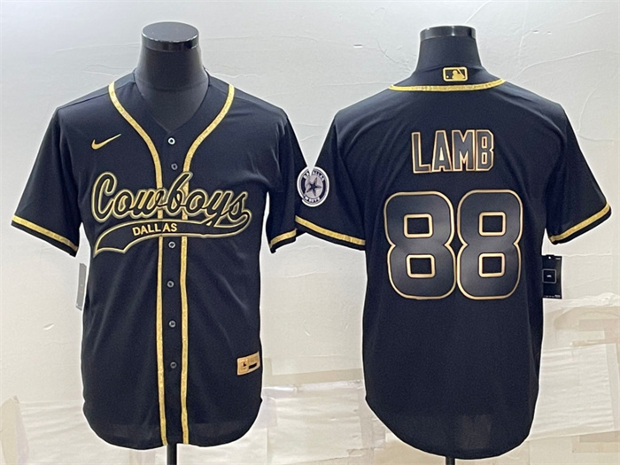 Men's Dallas Cowboys #88 CeeDee Lamb Black Gold With Patch Cool Base Stitched Baseball Jersey Men's Dallas Cowboys #88 CeeDee Lamb Black Gold With Patch Cool Base Stitched Baseball Jersey