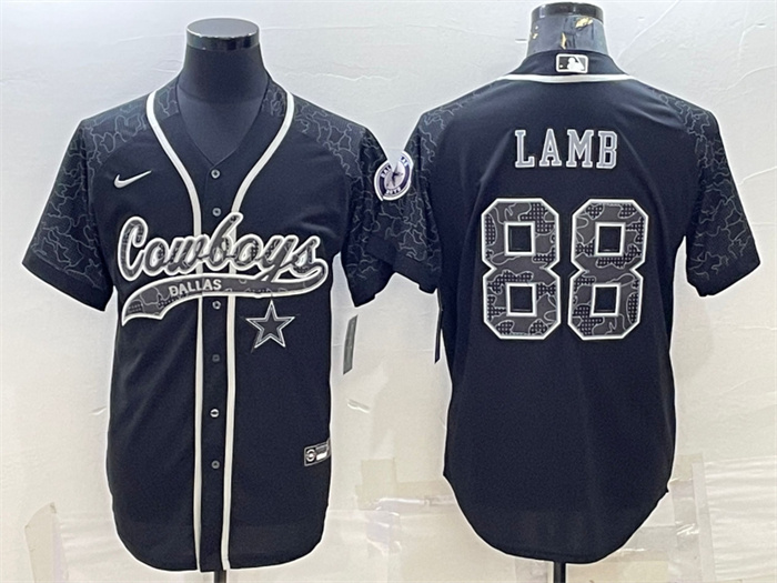 Men's Dallas Cowboys #88 CeeDee Lamb Black Reflective With Patch Cool Base Stitched Baseball Jersey Men's Dallas Cowboys #88 CeeDee Lamb Black Reflective With Patch Cool Base Stitched Baseball Jersey