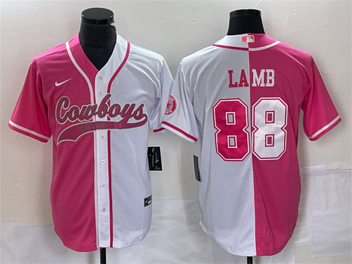 Men's Dallas Cowboys #88 CeeDee Lamb Pink White Split Cool Base Stitched Baseball Jersey Men's Dallas Cowboys #88 CeeDee Lamb Pink White Split Cool Base Stitched Baseball Jersey