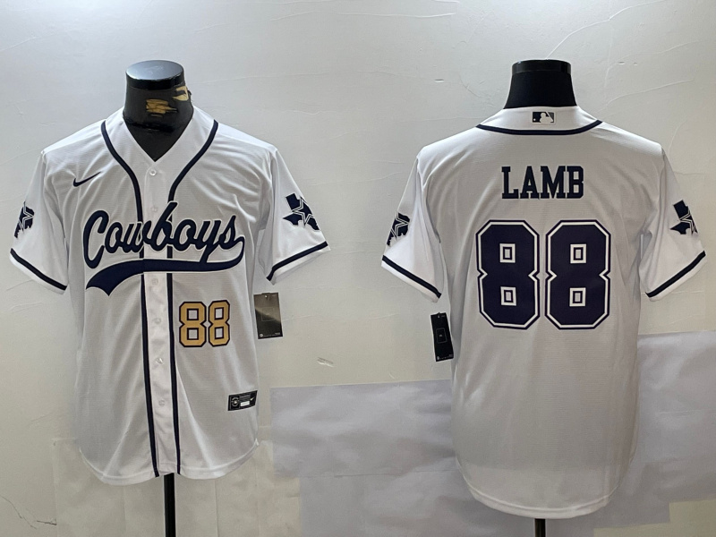 Men's Dallas Cowboys #88 CeeDee Lamb White With Patch Cool Base Stitched Baseball Jersey 6 Men's Dallas Cowboys #88 CeeDee Lamb White With Patch Cool Base Stitched Baseball Jersey 6