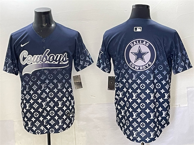 Men's Dallas Cowboys Team Big Logo Navy Limited Stitched Baseball Jersey 2