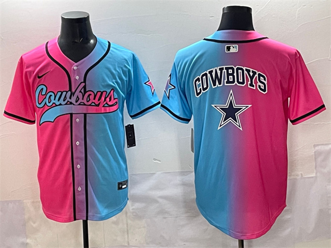 Men's Dallas Cowboys Team Big Logo Pink Blue Limited Stitched Baseball Jersey Men's Dallas Cowboys Team Big Logo Pink Blue Limited Stitched Baseball Jersey