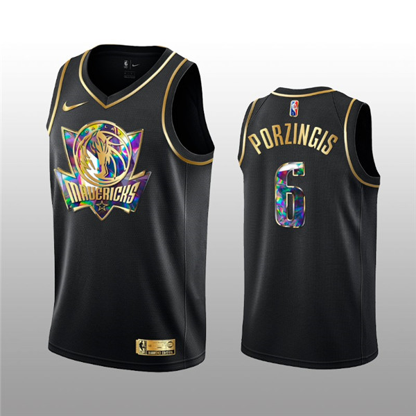 Men's Dallas Mavericks #6 Kristaps Porzingis 2021 22 Black Golden Edition 75th Anniversary Diamond Logo Stitched Basketball Jersey
