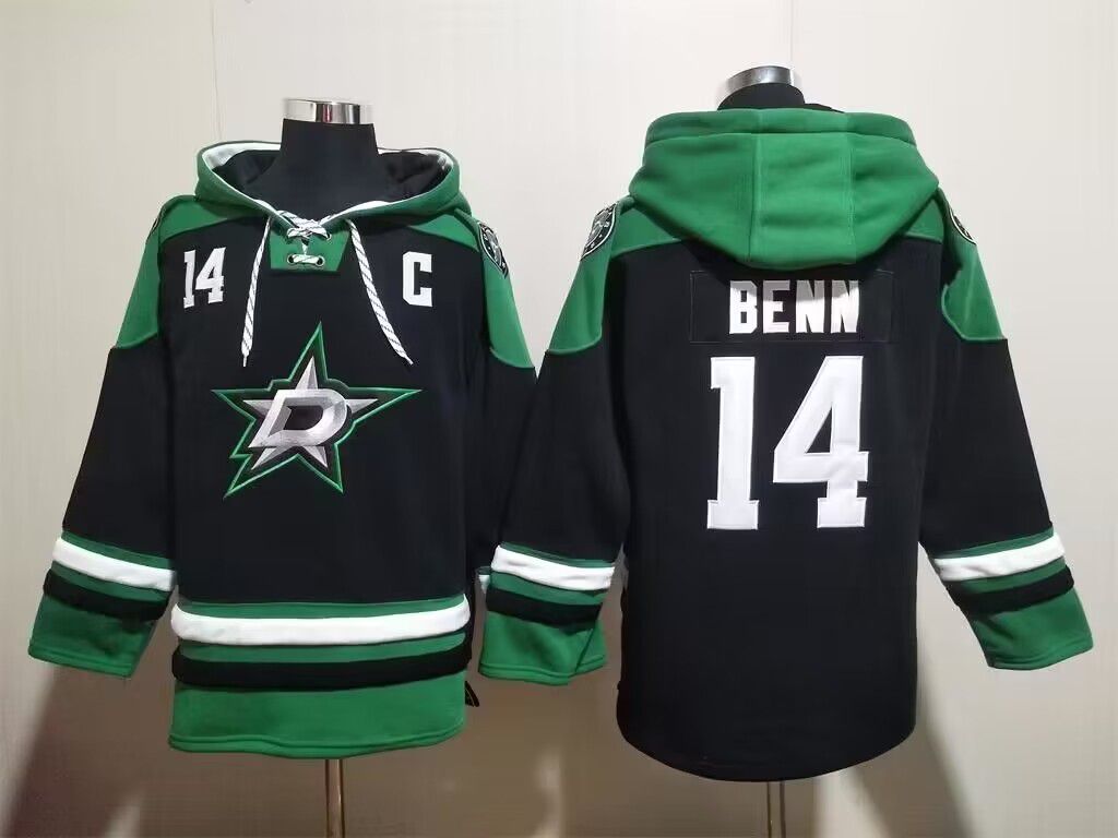 Men's Dallas Stars #14 Jamie Benn Black Green Lace-Up Pullover Hoodie Men's Dallas Stars #14 Jamie Benn Black Green Lace-Up Pullover Hoodie