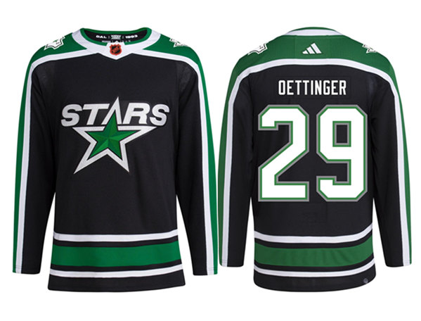 Men's Dallas Stars #29 Jake Oettinger Black 2022-23 Reverse Retro Stitched Jersey Men's Dallas Stars #29 Jake Oettinger Black 2022-23 Reverse Retro Stitched Jersey
