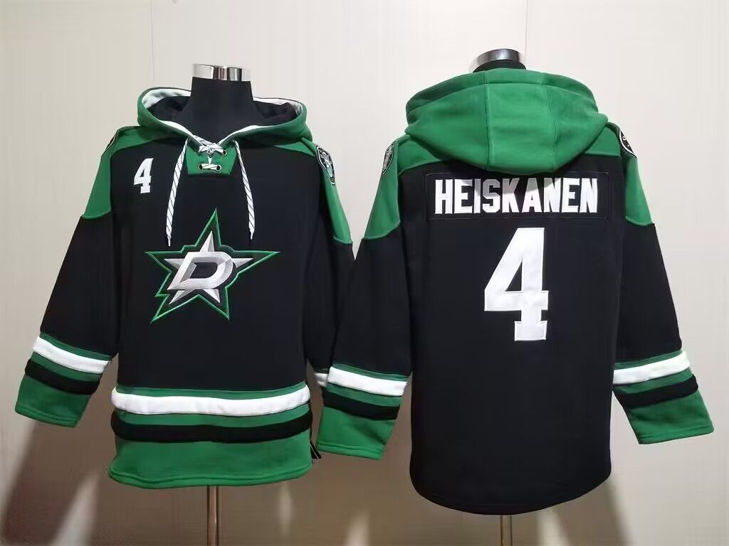 Men's Dallas Stars #4 Miro Heiskanen Black Green Lace-Up Pullover Hoodie Men's Dallas Stars #4 Miro Heiskanen Black Green Lace-Up Pullover Hoodie