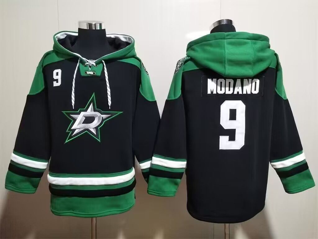 Men's Dallas Stars #9 Mike Modano Black Green Lace-Up Pullover Hoodie Men's Dallas Stars #9 Mike Modano Black Green Lace-Up Pullover Hoodie