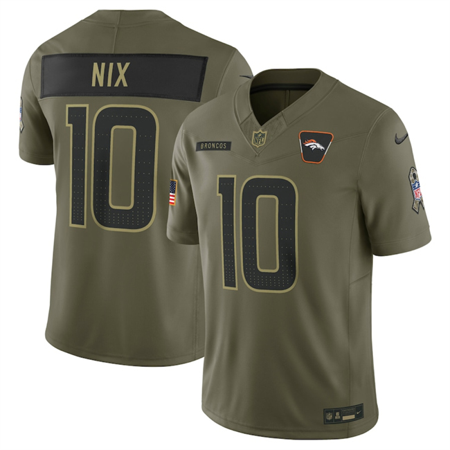 Men's Denver Broncos #10 Bo Nix Olive 2025 Salute to Service Limited Stitched Football Jersey