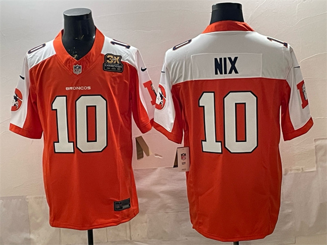 Men's Denver Broncos #10 Bo Nix Orange 2024 F.U.S.E. With 3-Time Champions Patch Throwback Vapor Limited Alternate Stitched Football Jersey Men's Denver Broncos #10 Bo Nix Orange 2024 F.U.S.E. With 3-Time Champions Patch Throwback Vapor Limited Alternate Stitched Football Jersey