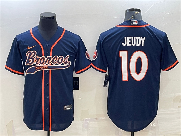 Men's Denver Broncos #10 Jerry Jeudy Navy With Patch Cool Base Stitched Baseball Jersey Men's Denver Broncos #10 Jerry Jeudy Navy With Patch Cool Base Stitched Baseball Jersey