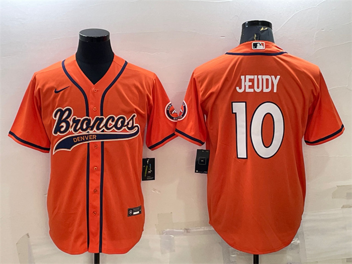 Men's Denver Broncos #10 Jerry Jeudy Orange With Patch Cool Base Stitched Baseball Jersey Men's Denver Broncos #10 Jerry Jeudy Orange With Patch Cool Base Stitched Baseball Jersey