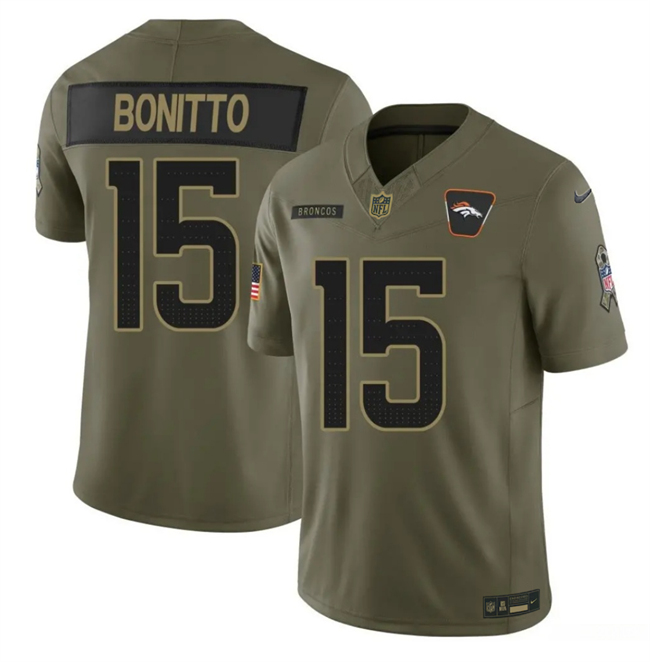 Men's Denver Broncos #15 Nik Bonitto Olive 2025 F.U.S.E. Salute to Service Limited Stitched Football Jersey Men's Denver Broncos #15 Nik Bonitto Olive 2025 F.U.S.E. Salute to Service Limited Stitched Football Jersey