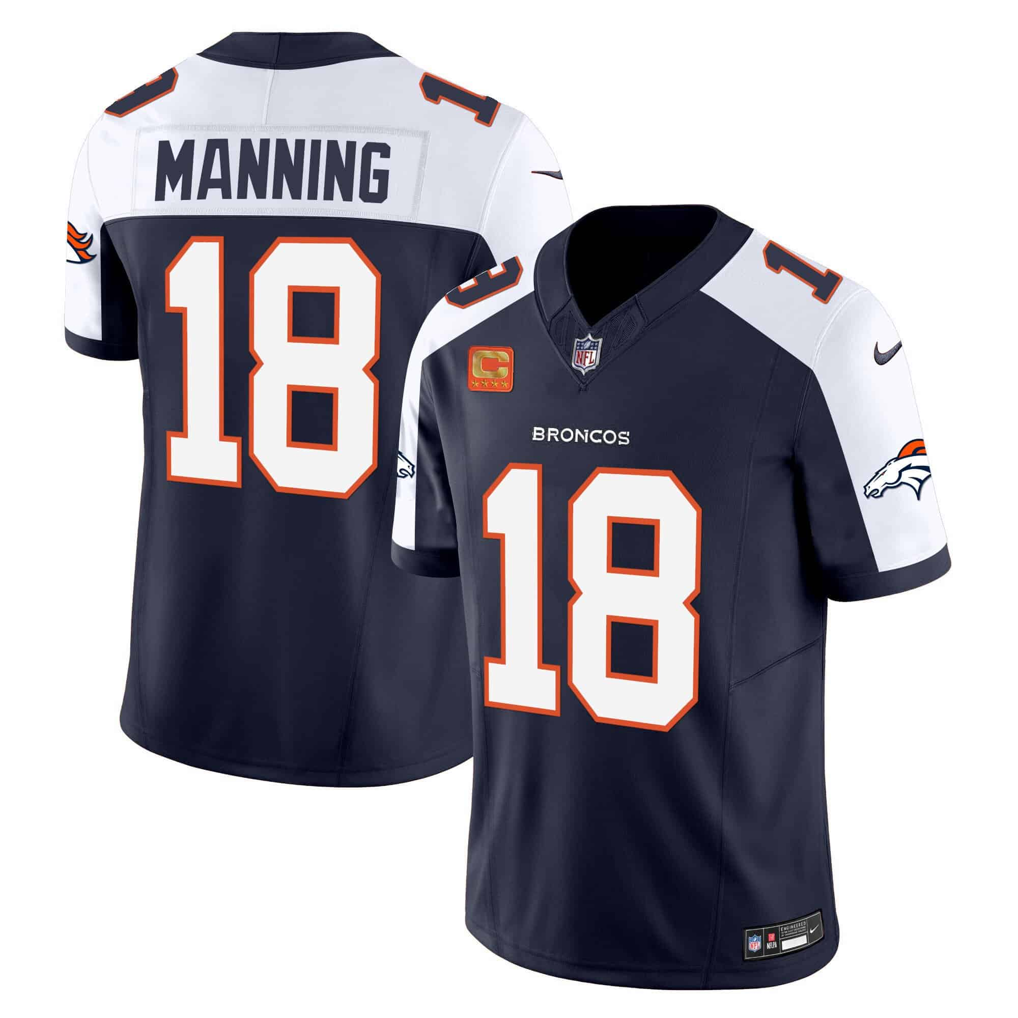 Men's Denver Broncos #18 Peyton Manning Navy 2024 F.U.S.E. With 4-Star C Patch Vapor Limited Stitched Football Jersey Men's Denver Broncos #18 Peyton Manning Navy 2024 F.U.S.E. With 4-Star C Patch Vapor Limited Stitched Football Jersey
