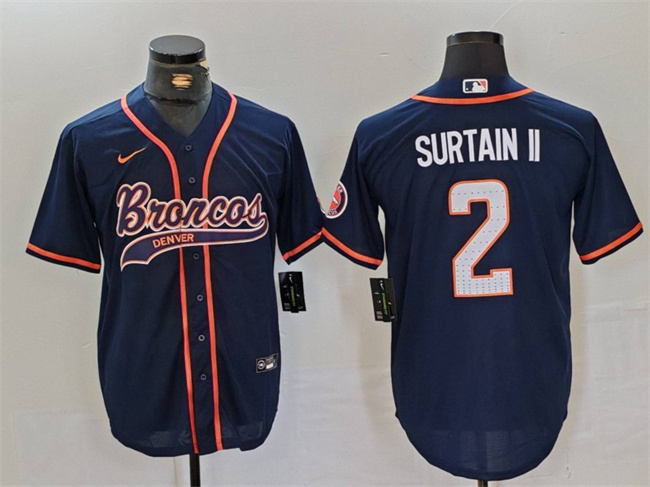 Men's Denver Broncos #2 Pat Surtain II Navy Cool Base Stitched Baseball Jersey Men's Denver Broncos #2 Pat Surtain II Navy Cool Base Stitched Baseball Jersey