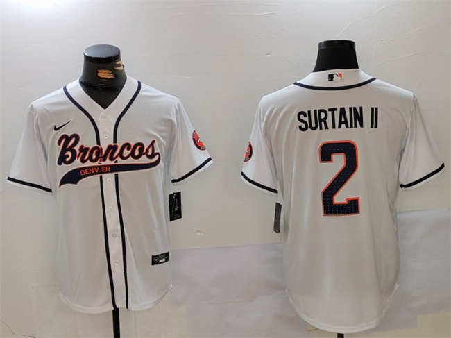 Men's Denver Broncos #2 Pat Surtain II White Cool Base Stitched Baseball Jersey Men's Denver Broncos #2 Pat Surtain II White Cool Base Stitched Baseball Jersey