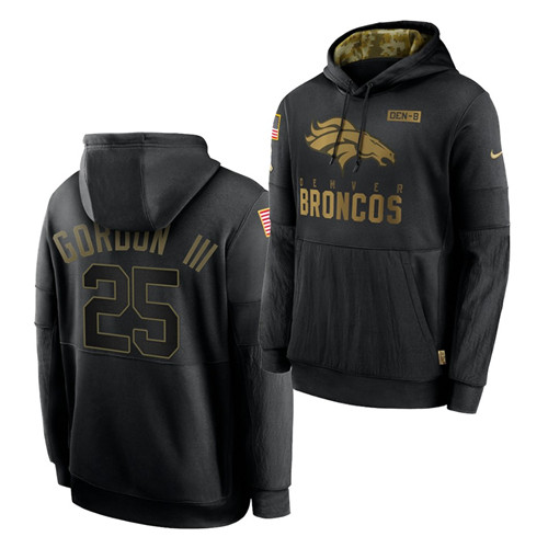 Men's Denver Broncos #25 Melvin Gordon III 2020 Salute To Service Black Sideline Performance Pullover Hoodie Men's Denver Broncos #25 Melvin Gordon III 2020 Salute To Service Black Sideline Performance Pullover Hoodie