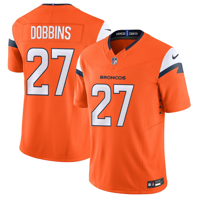Men's Denver Broncos #27 J.K. Dobbins Orange 2025 F.U.S.E. Vapor Limited Stitched Football Jersey Men's Denver Broncos #27 J.K. Dobbins Orange 2025 F.U.S.E. Vapor Limited Stitched Football Jersey