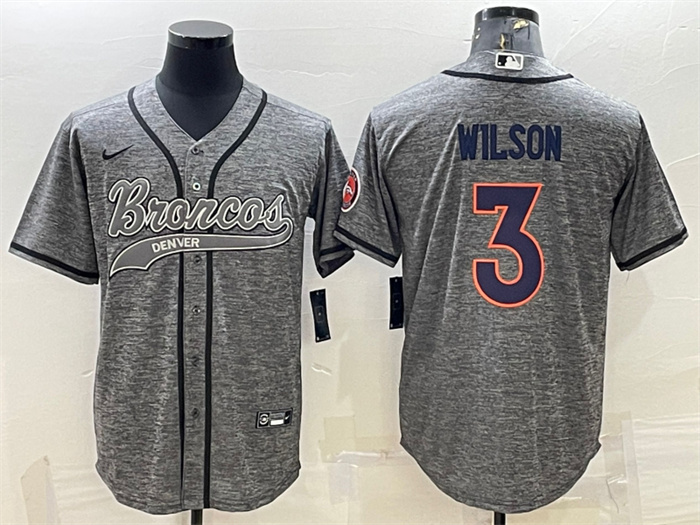 Men's Denver Broncos #3 Russell Wilson Grey With Patch Cool Base Stitched Baseball Jersey Men's Denver Broncos #3 Russell Wilson Grey With Patch Cool Base Stitched Baseball Jersey