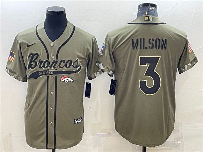 Men's Denver Broncos #3 Russell Wilson Olive 2022 Salute To Service Cool Base Stitched Baseball Jersey Men's Denver Broncos #3 Russell Wilson Olive 2022 Salute To Service Cool Base Stitched Baseball Jersey