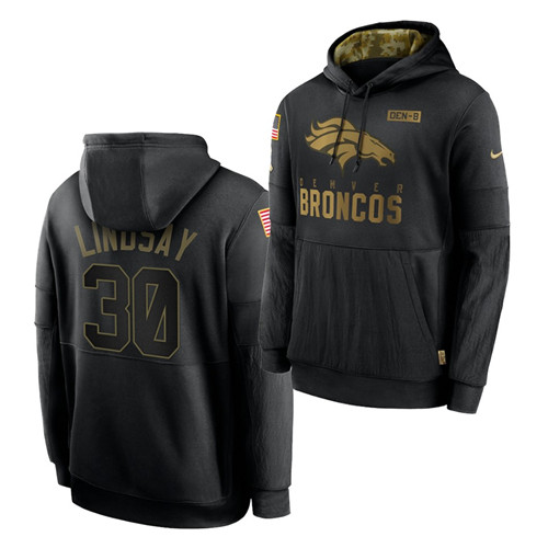 Men's Denver Broncos #30 Phillip Lindsay 2020 Salute To Service Black Sideline Performance Pullover Hoodie Men's Denver Broncos #30 Phillip Lindsay 2020 Salute To Service Black Sideline Performance Pullover Hoodie