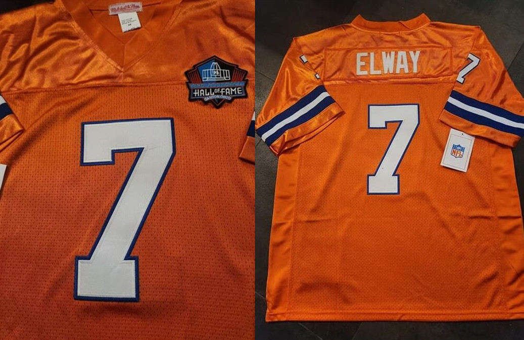 Men's Denver Broncos #7 John Elway Orange Hall of Fame Patch Stitched Football Jersey