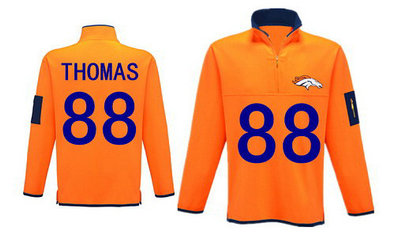Men's Denver Broncos 88 Thomas Antigua Charcoal Fortune Sweater Knit Microfleece Quarter-Zip Pullover Orange Jacket