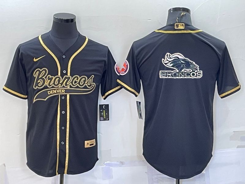 Men's Denver Broncos Black Gold Team Big Logo With Patch Cool Base Stitched Baseball Jersey Men's Denver Broncos Black Gold Team Big Logo With Patch Cool Base Stitched Baseball Jersey