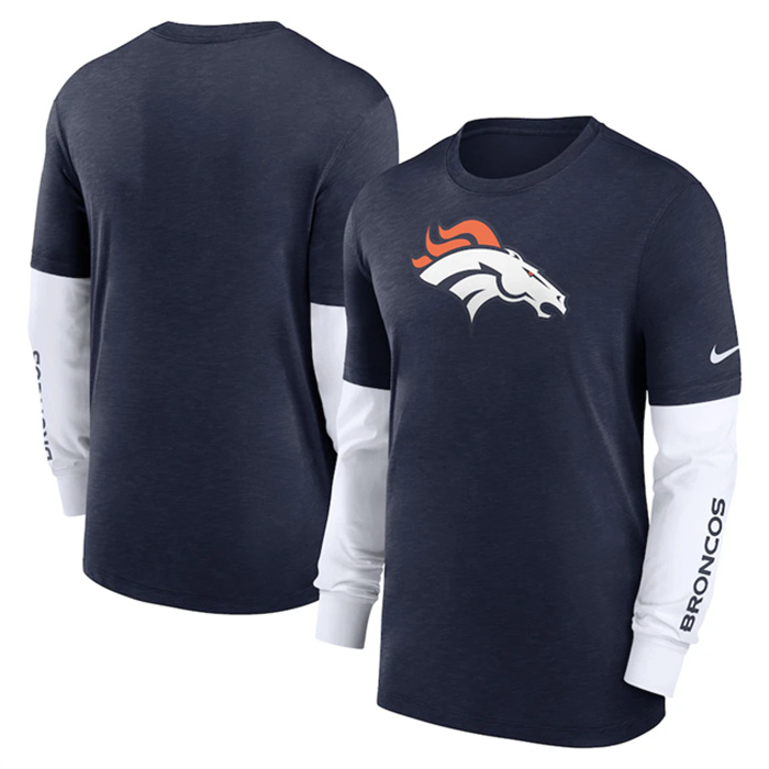 Men's Denver Broncos Heather Navy Slub Fashion Long Sleeve T-Shirt Men's Denver Broncos Heather Navy Slub Fashion Long Sleeve T-Shirt