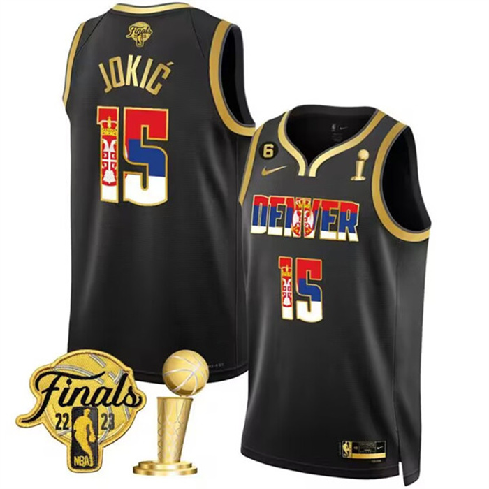Men's Denver Nuggets #15 Nikola Jokic 2023 Black Gold Serbia Flag Finals Champions With NO.6 Patch Stitched Basketball Jersey Men's Denver Nuggets #15 Nikola Jokic 2023 Black Gold Serbia Flag Finals Champions With NO.6 Patch Stitched Basketball Jersey