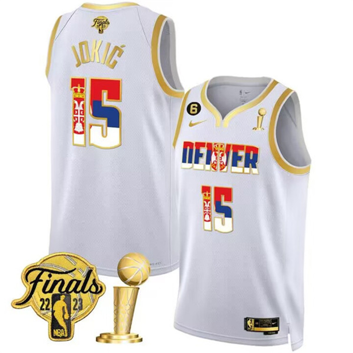 Men's Denver Nuggets #15 Nikola Jokic 2023 White Gold Serbia Flag Finals Champions With NO.6 Patch Stitched Basketball Jersey Men's Denver Nuggets #15 Nikola Jokic 2023 White Gold Serbia Flag Finals Champions With NO.6 Patch Stitched Basketball Jersey