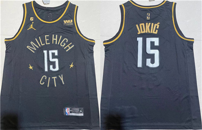 Men's Denver Nuggets #15 Nikola Jokic Black With NO.6 Patch Stitched Jersey Men's Denver Nuggets #15 Nikola Jokic Black With NO.6 Patch Stitched Jersey