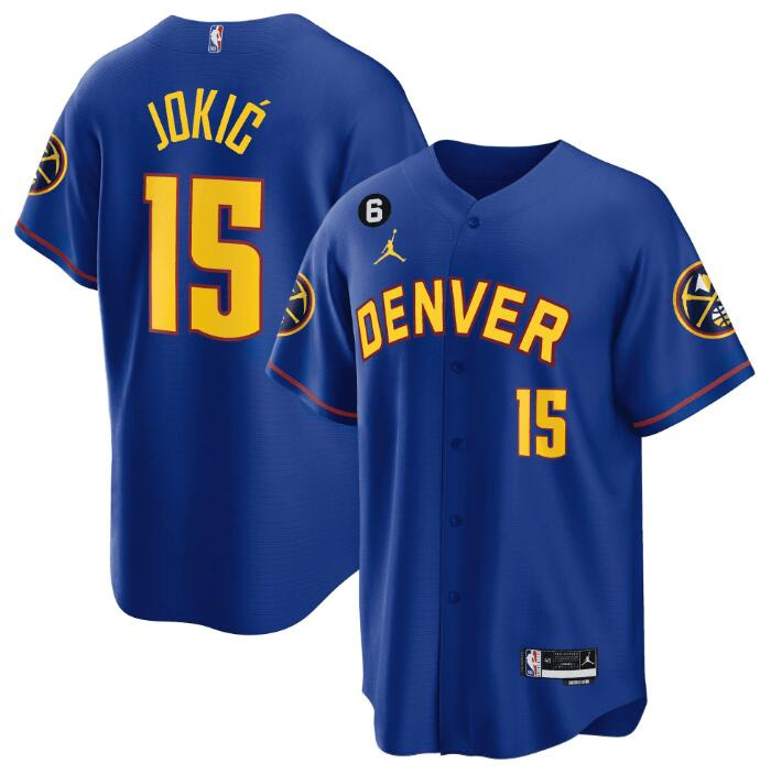 Men's Denver Nuggets #15 Nikola Jokic Blue With No.6 Patch Stitched Baseball Jersey Men's Denver Nuggets #15 Nikola Jokic Blue With No.6 Patch Stitched Baseball Jersey
