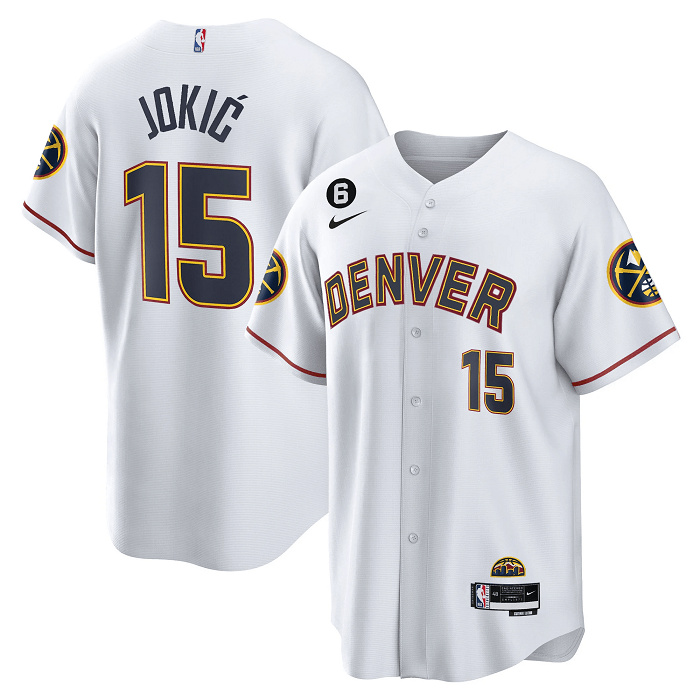 Men's Denver Nuggets #15 Nikola Jokic White With No.6 Patch Cool Base Stitched Baseball Jersey Men's Denver Nuggets #15 Nikola Jokic White With No.6 Patch Cool Base Stitched Baseball Jersey
