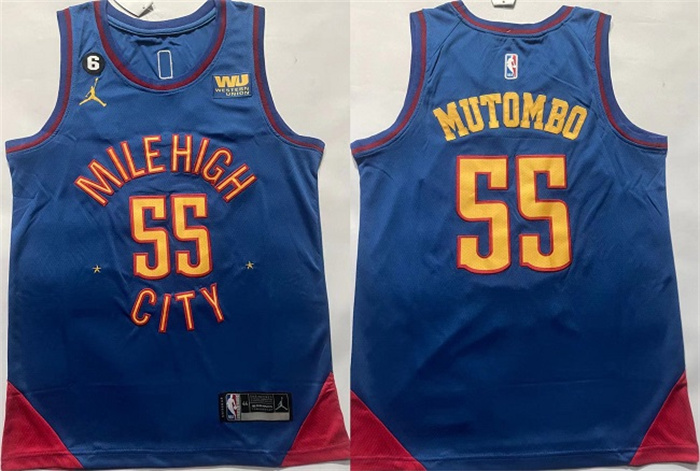 Men's Denver Nuggets #55 Dikembe Mutombo Blue With NO.6 Patch Stitched Jersey Men's Denver Nuggets #55 Dikembe Mutombo Blue With NO.6 Patch Stitched Jersey