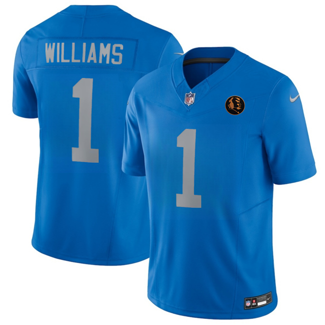 Men's Detroit Lions #1 Jameson Williams Blue 2025 F.U.S.E.With John Madden Patch Vapor Limited Stitched Jersey Men's Detroit Lions #1 Jameson Williams Blue 2025 F.U.S.E.With John Madden Patch Vapor Limited Stitched Jersey
